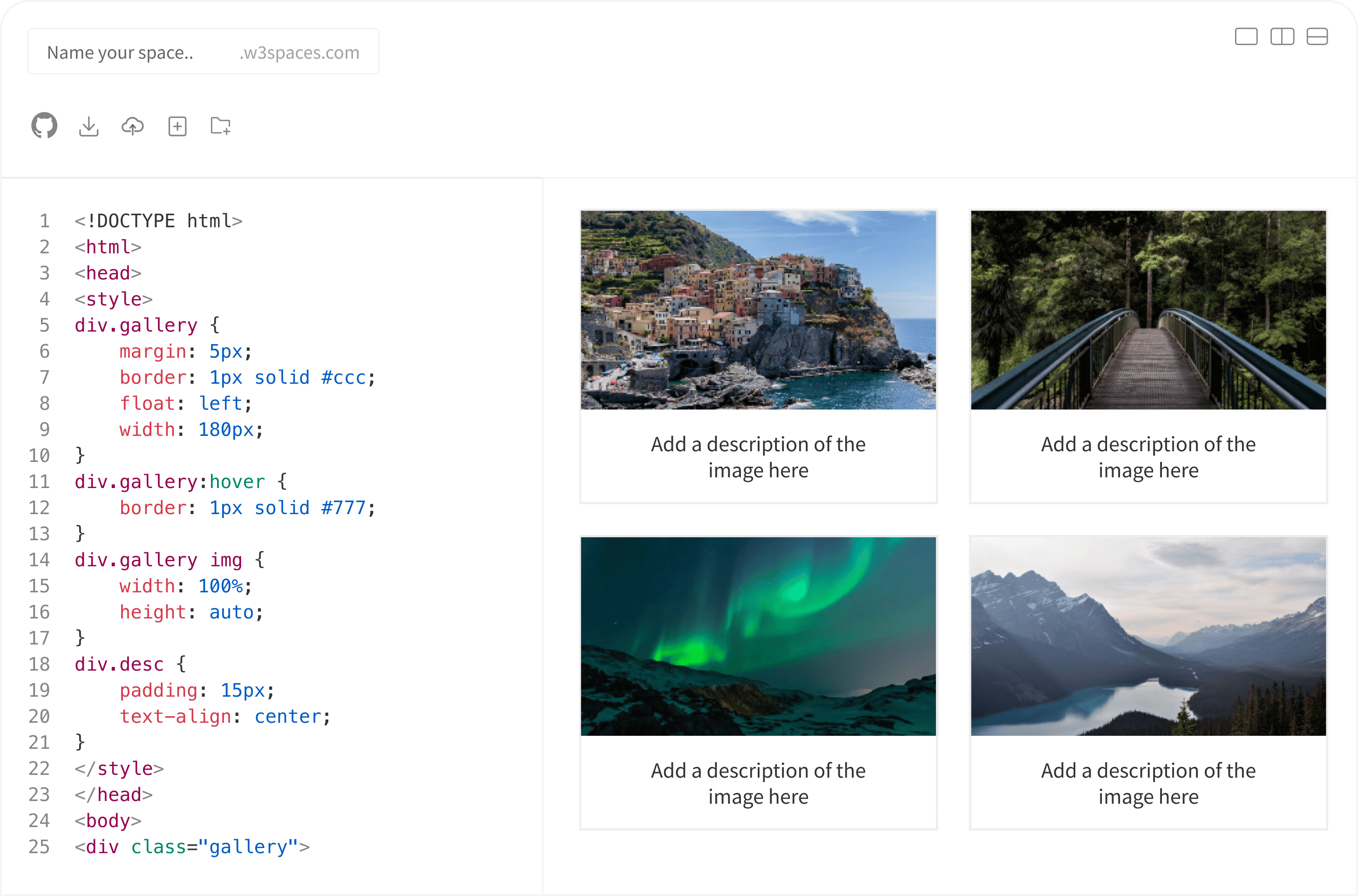 W3Schools Spaces IDE interface showing HTML and CSS code editor